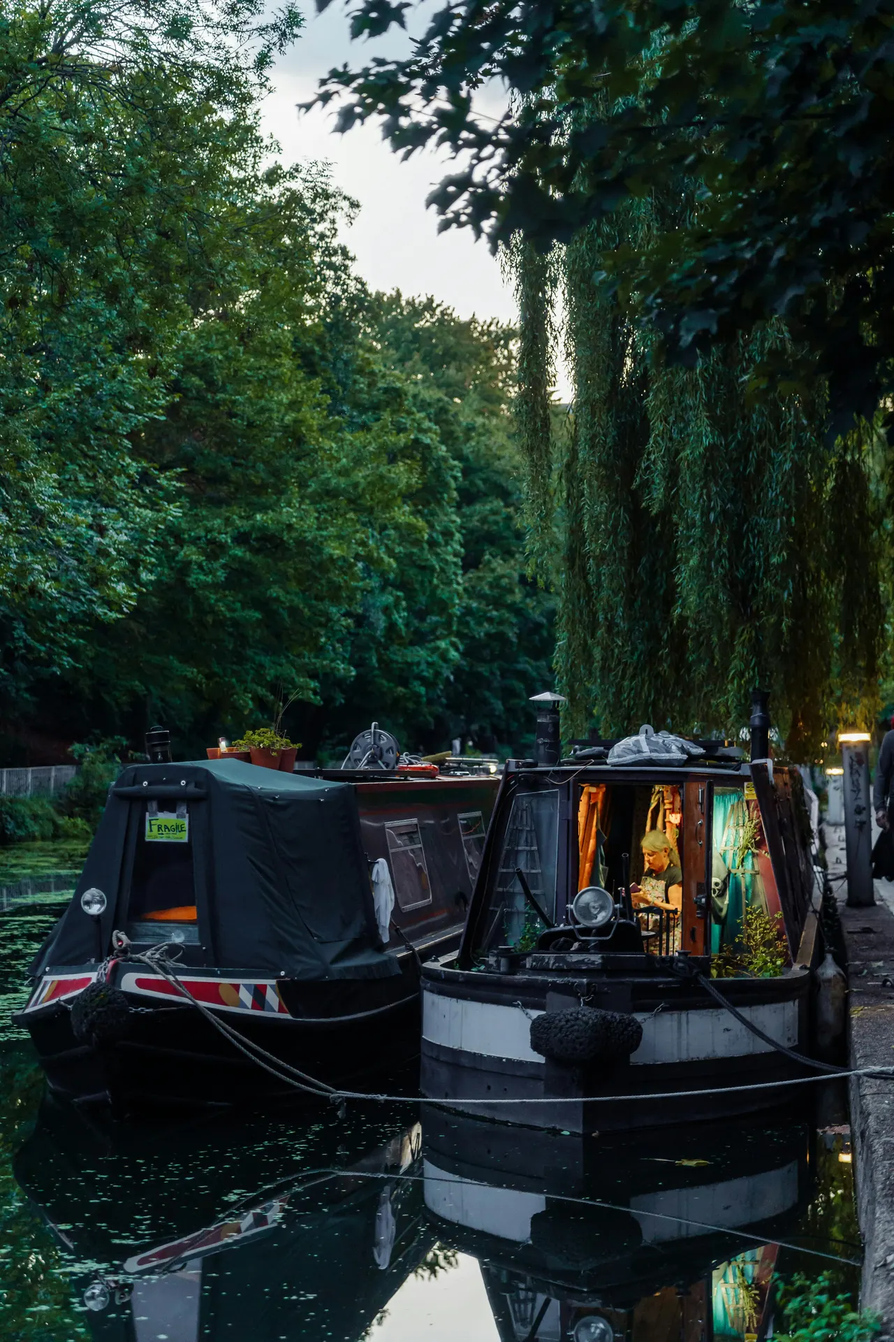 Narrow canal lane with boats and willow reflections in Ireland