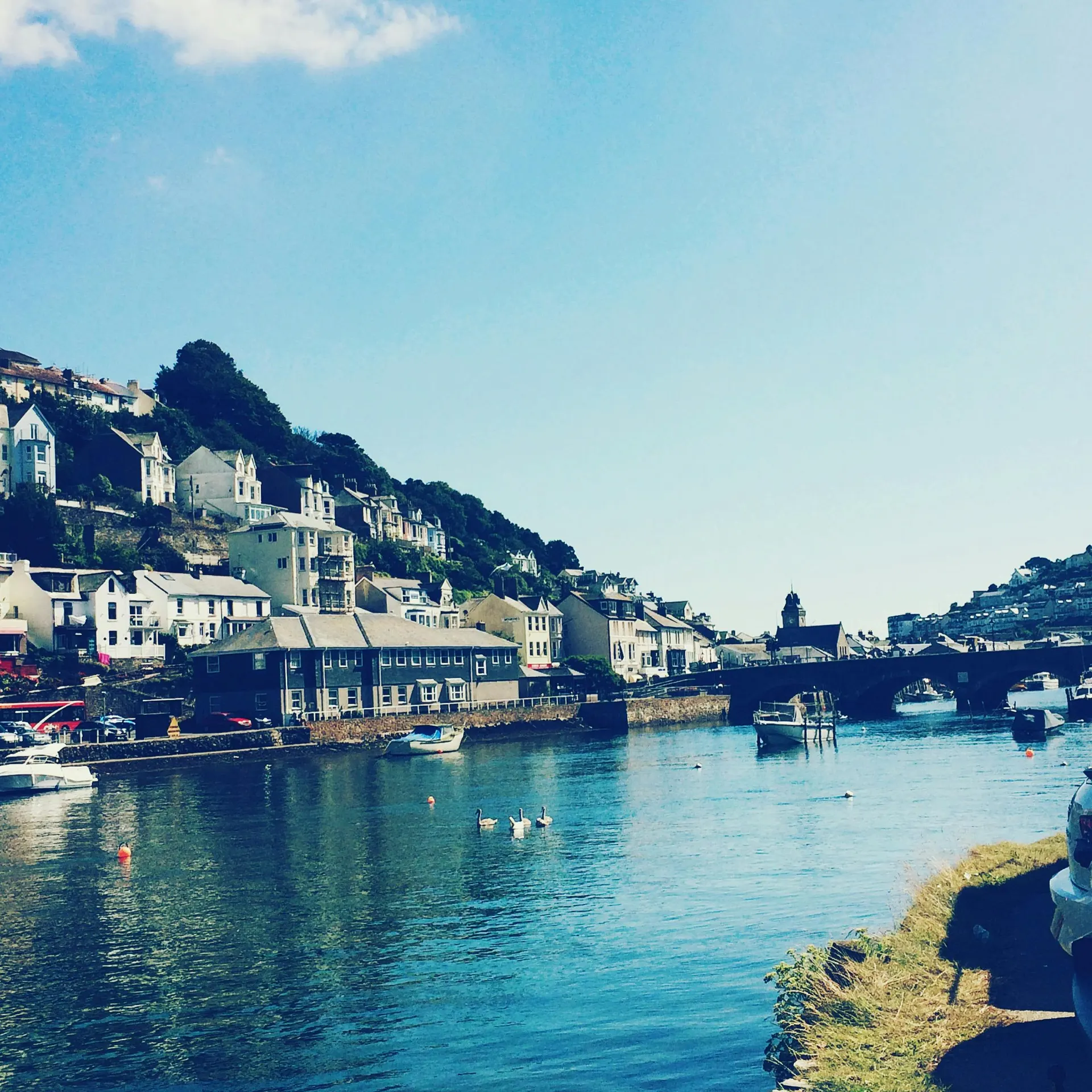 Westport riverside bridge and colourful Irish town scene